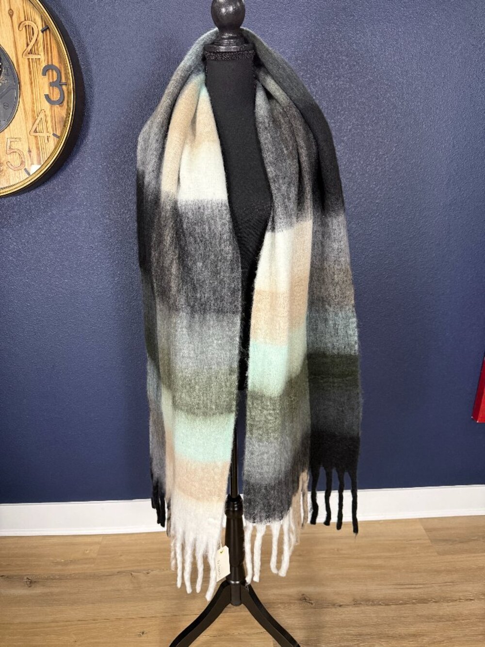 By Together NWT Grey Cream Plaid Fringe Scarf | OS